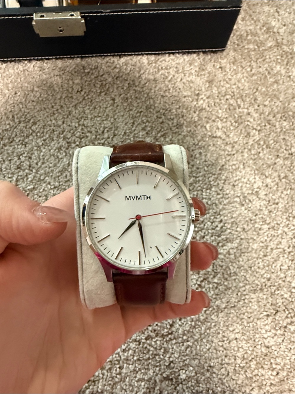 MVMT Silver Case Watch with White Dial and Brown Leather Strap